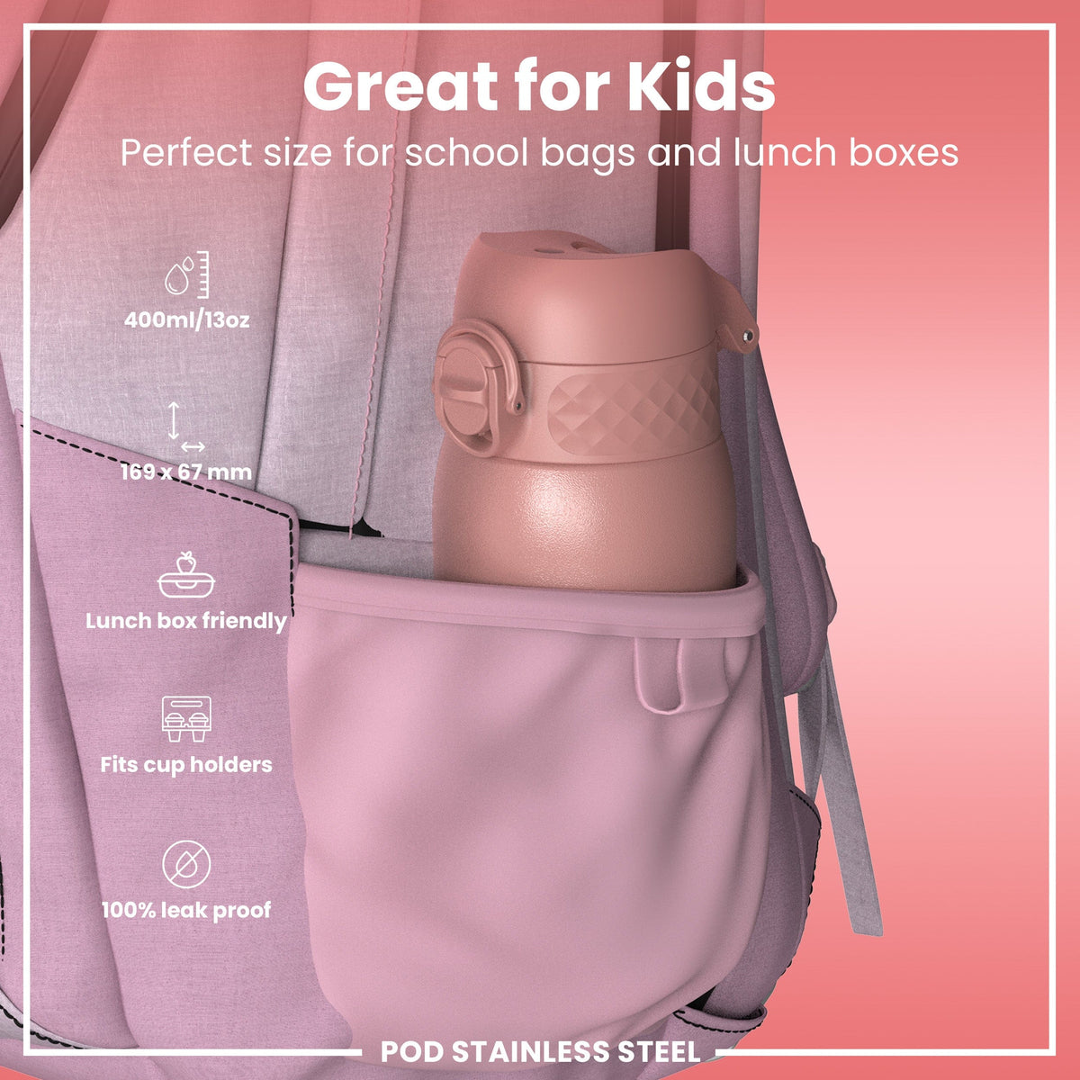 ION8 Water Bottle ION8 Kids Leak-Proof Stainless Steel Water Bottle 400ml - Ash Rose