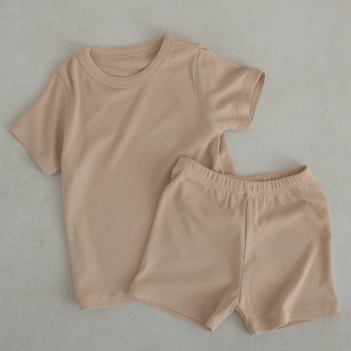 Peekaboo Set Unisex Ribbed Cotton Summer Shorts + T-shirt Set (Beige)