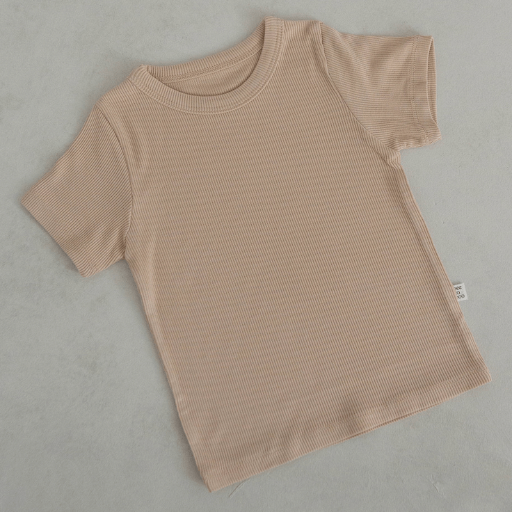 Peekaboo Set Unisex Ribbed Cotton Summer Shorts + T-shirt Set (Camel)