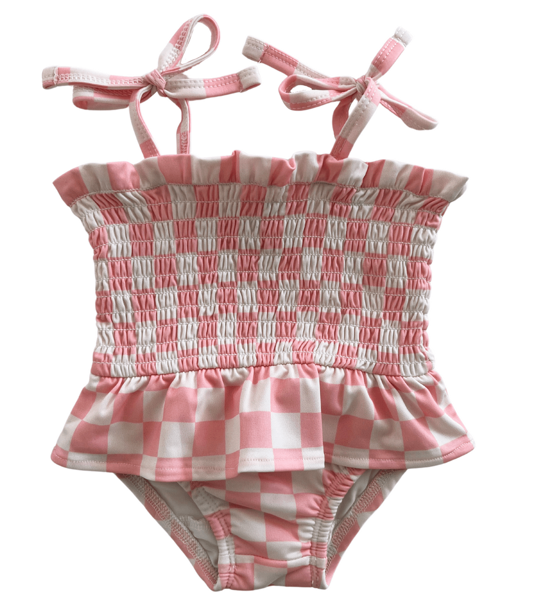 Siix Collection Swimsuit SIIX Collection Girls Pink Smocked Checkerboard Swimsuit with Frill