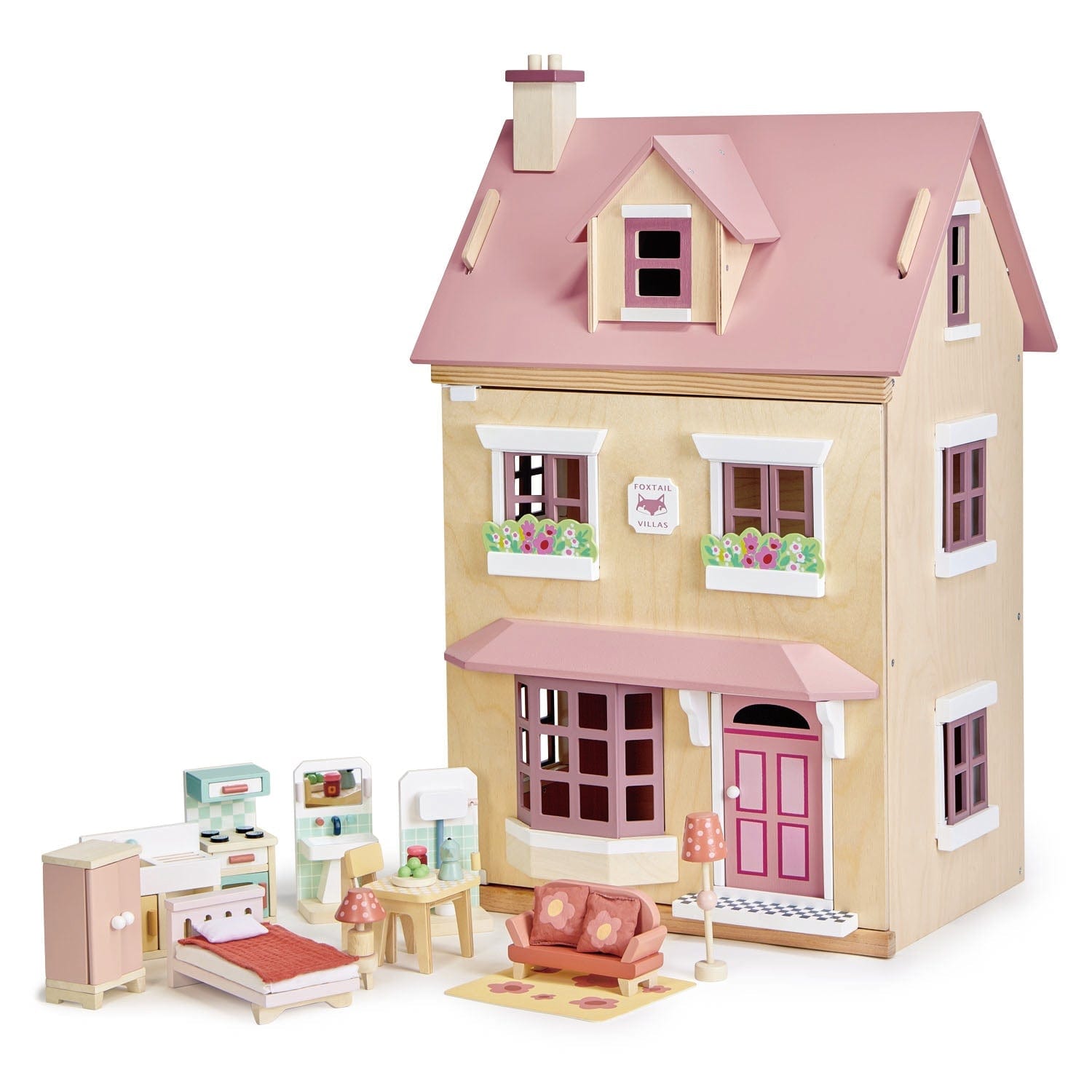 Tender Leaf Toys Wooden dolls house Foxtail Villa + Furniture in Pink