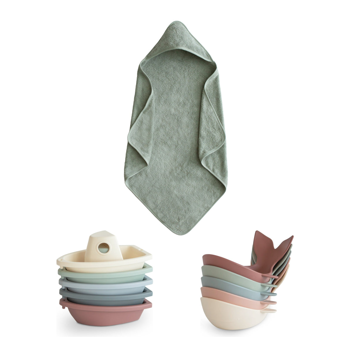 Unisex Baby Bath Set - Mushie Hooded Towel, Bath Boats & Whale Stackers